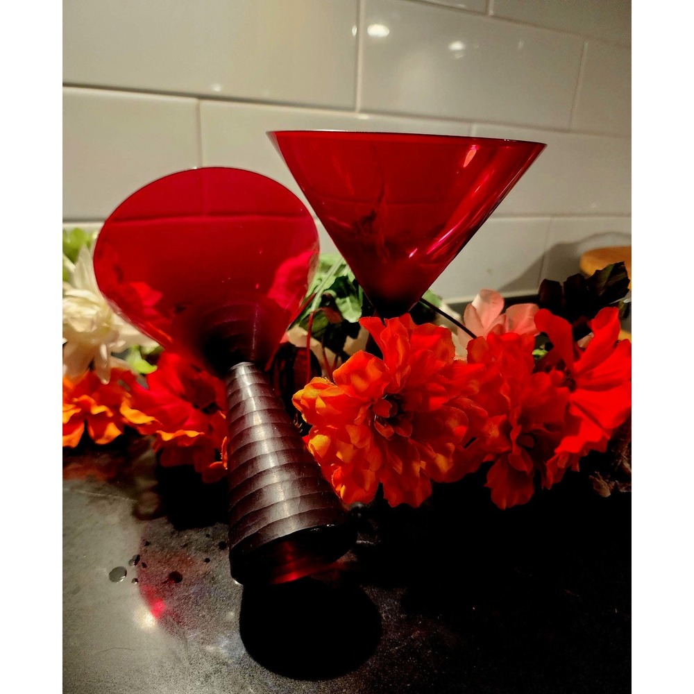 Vintage Mikasa Ruby Red Martini Glasses Set of 2 Ribbed Cone Stem Cranberry